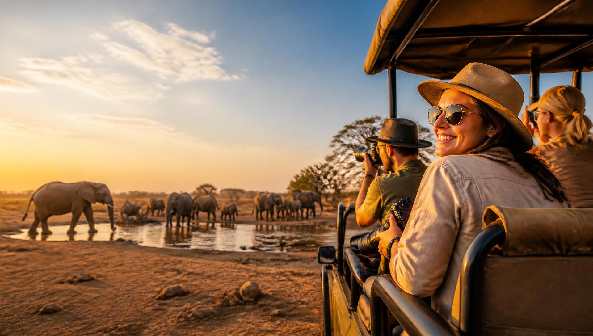 Smiling guests on a sunset game drive photographing elephants at a waterhole